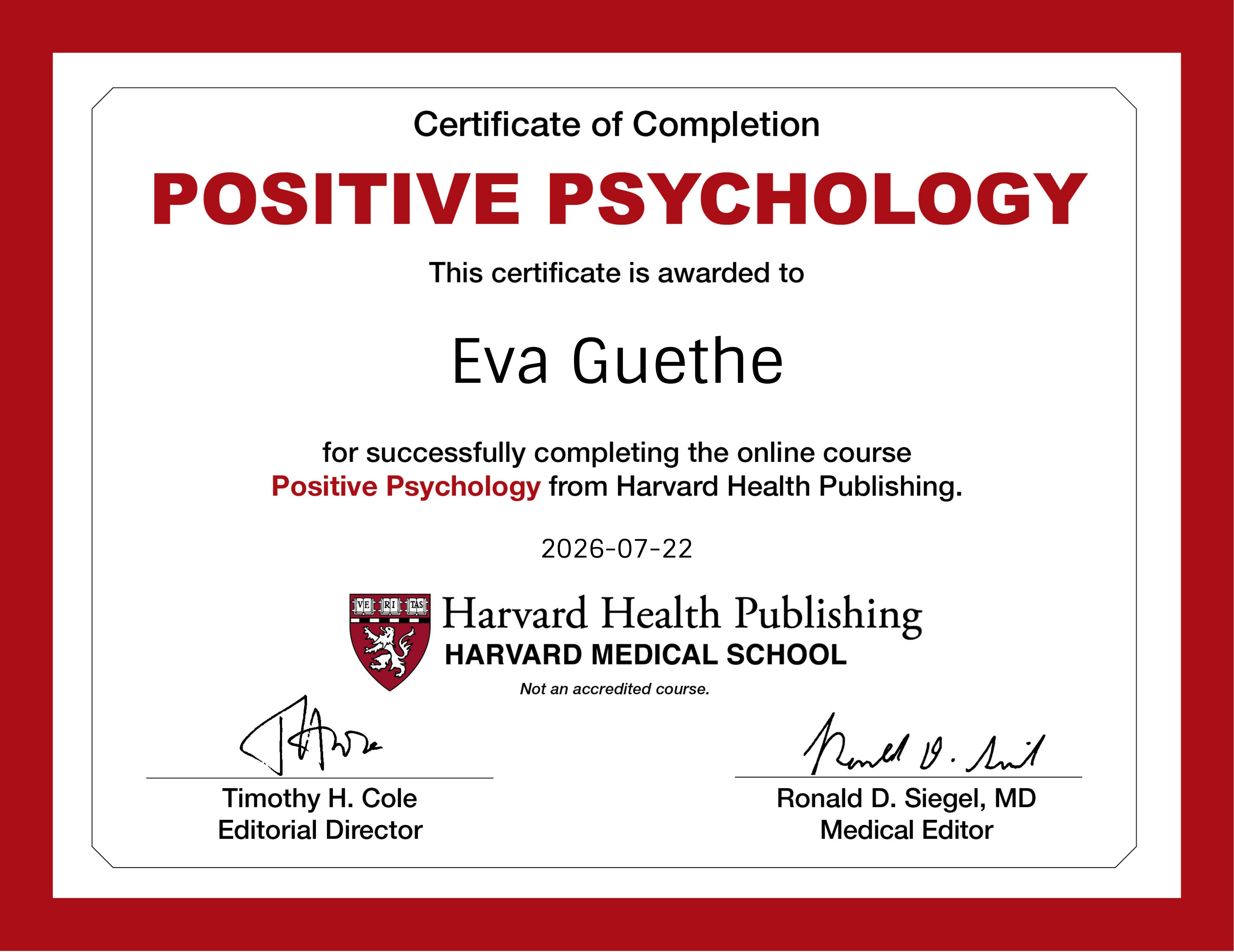 Zertifikat: Positive Psychology von Harvard Health Publishing, verliehen an Eva Guethe
